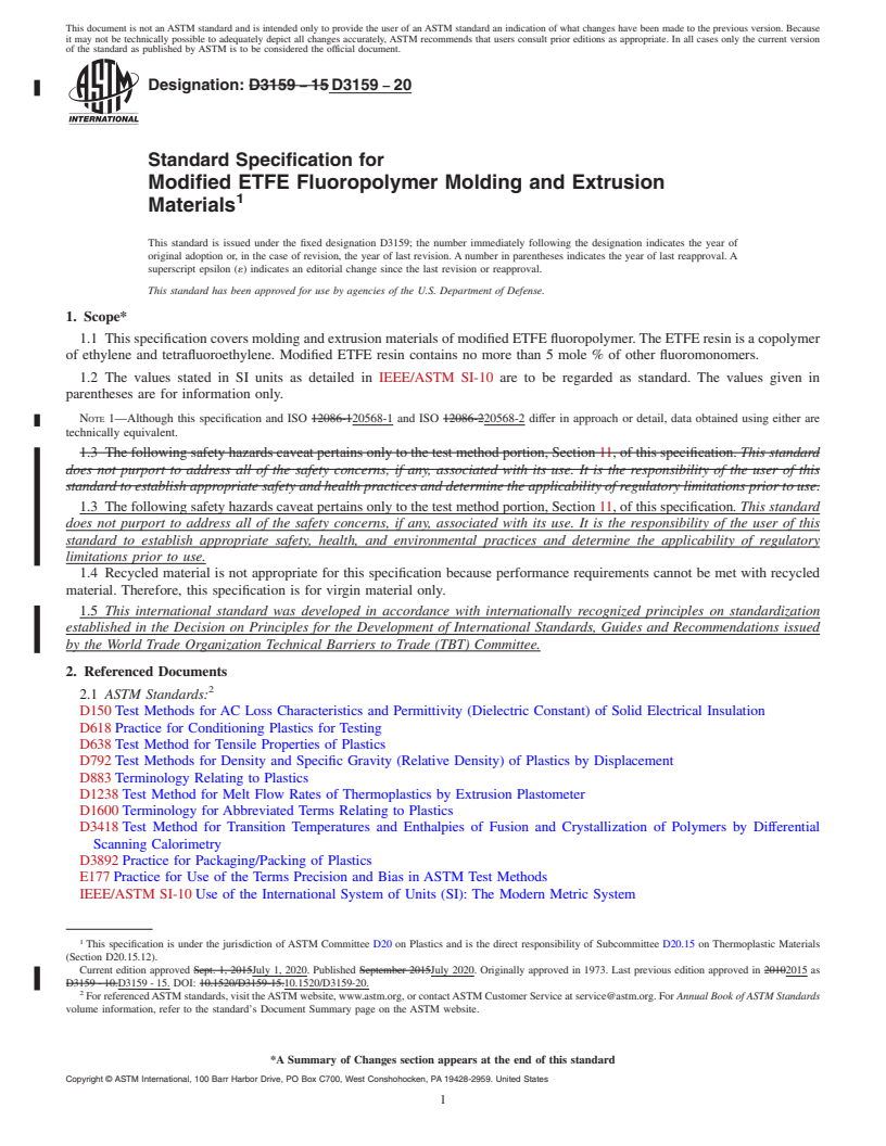 REDLINE ASTM D3159-20 - Standard Specification for Modified ETFE Fluoropolymer Molding and Extrusion Materials