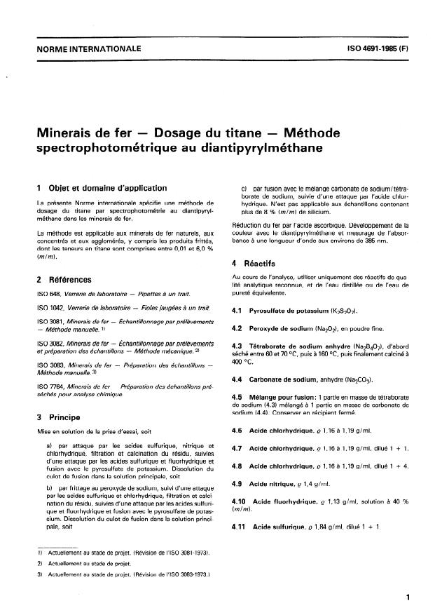 ISO 4691:1985 - Minerais de fer -- Dosage du titane -- Méthode spectrophotométrique au diantipyrylméthane