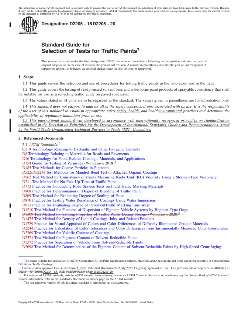 REDLINE ASTM D2205-20 - Standard Guide for Selection of Tests for Traffic Paints