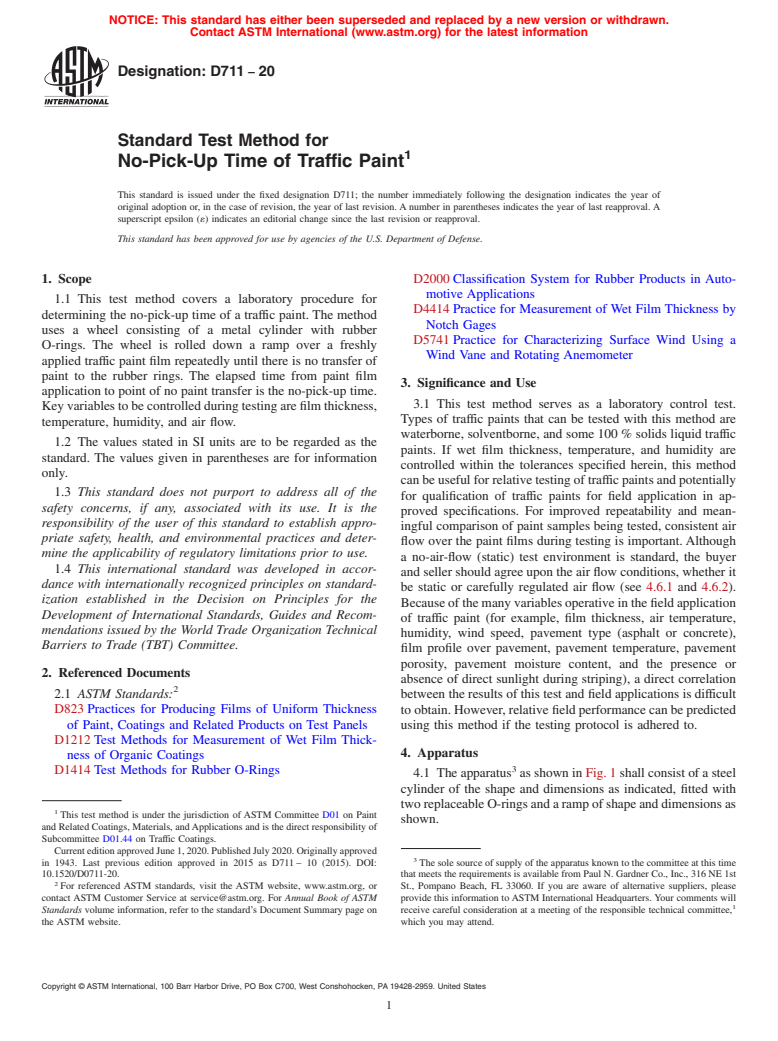 ASTM D711-20 - Standard Test Method for No-Pick-Up Time of Traffic Paint