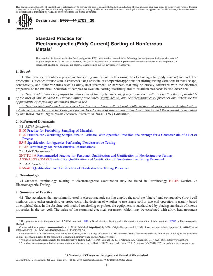 REDLINE ASTM E703-20 - Standard Practice for  Electromagnetic (Eddy Current) Sorting of Nonferrous Metals