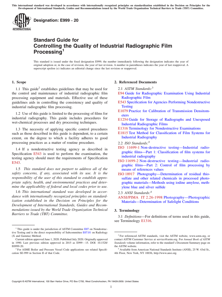ASTM E999-20 - Standard Guide for  Controlling the Quality of Industrial Radiographic Film Processing
