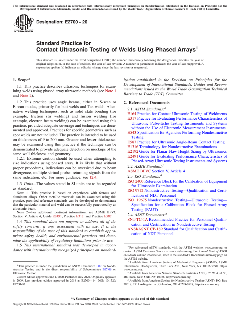 ASTM E2700-20 - Standard Practice for  Contact Ultrasonic Testing of Welds Using Phased Arrays