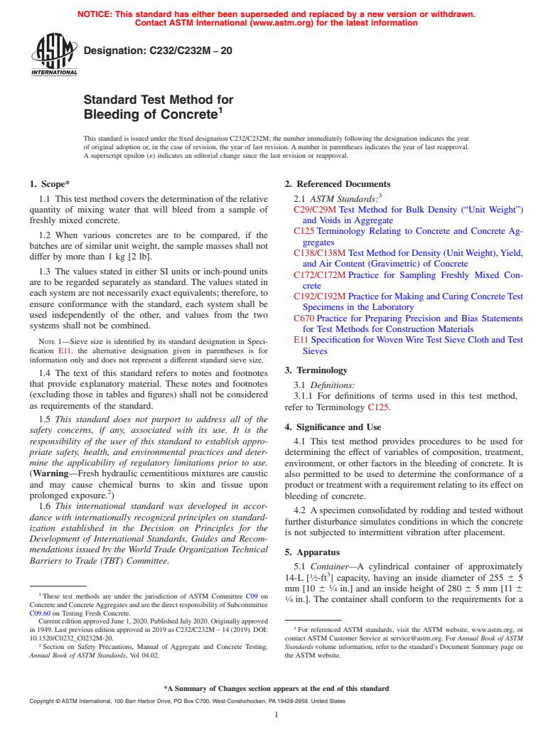 ASTM C232/C232M-20 - Standard Test Method for  Bleeding of Concrete