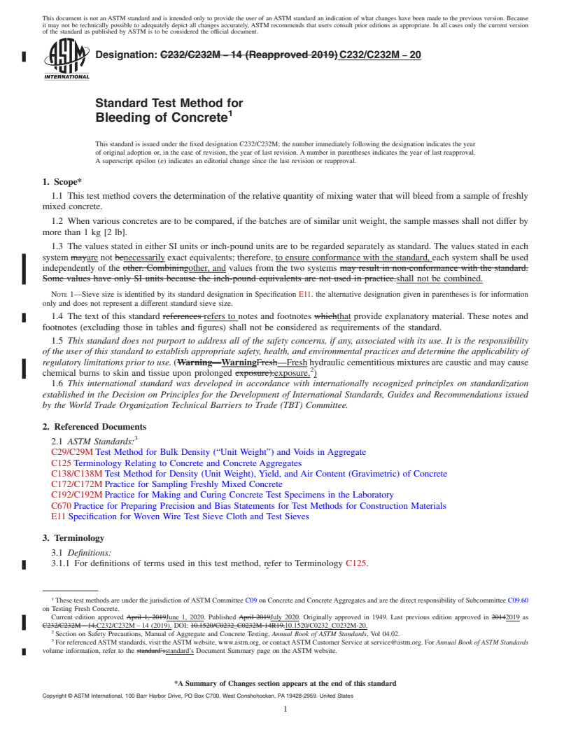 REDLINE ASTM C232/C232M-20 - Standard Test Method for  Bleeding of Concrete