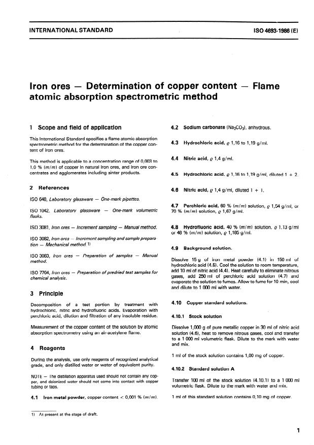 ISO 4693:1986 - Iron ores -- Determination of copper content -- Flame atomic absorption spectrometric method