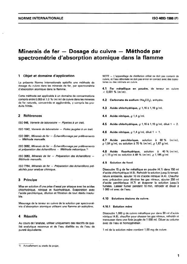 ISO 4693:1986 - Minerais de fer -- Dosage du cuivre -- Méthode par spectrométrie d'absorption atomique dans la flamme