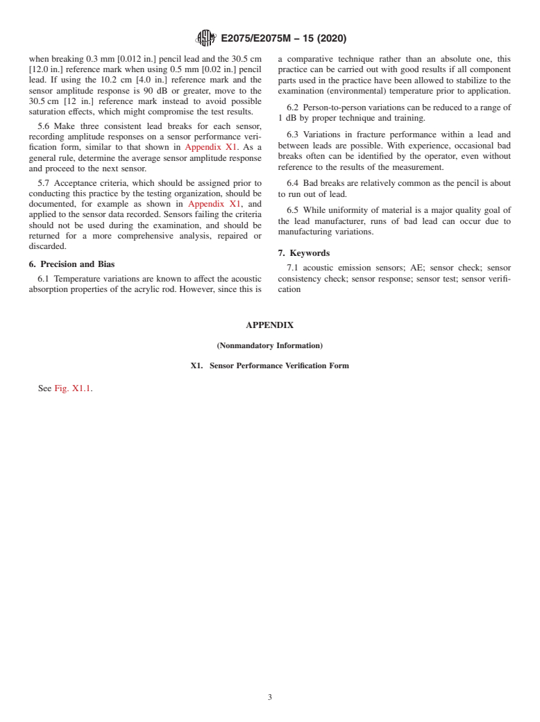 ASTM E2075/E2075M-15(2020) - Standard Practice for  Verifying the Consistency of AE-Sensor Response Using an Acrylic  Rod