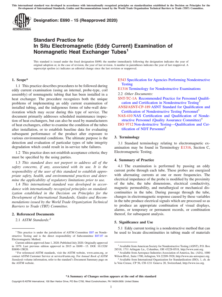ASTM E690-15(2020) - Standard Practice for  In Situ Electromagnetic (Eddy Current) Examination of Nonmagnetic  Heat Exchanger Tubes