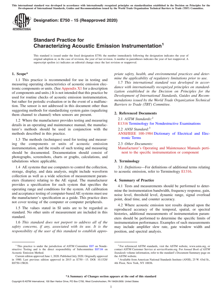 ASTM E750-15(2020) - Standard Practice for  Characterizing Acoustic Emission Instrumentation