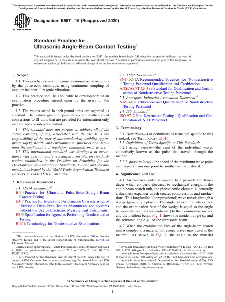 ASTM E587-15(2020) - Standard Practice for  Ultrasonic Angle-Beam Contact Testing