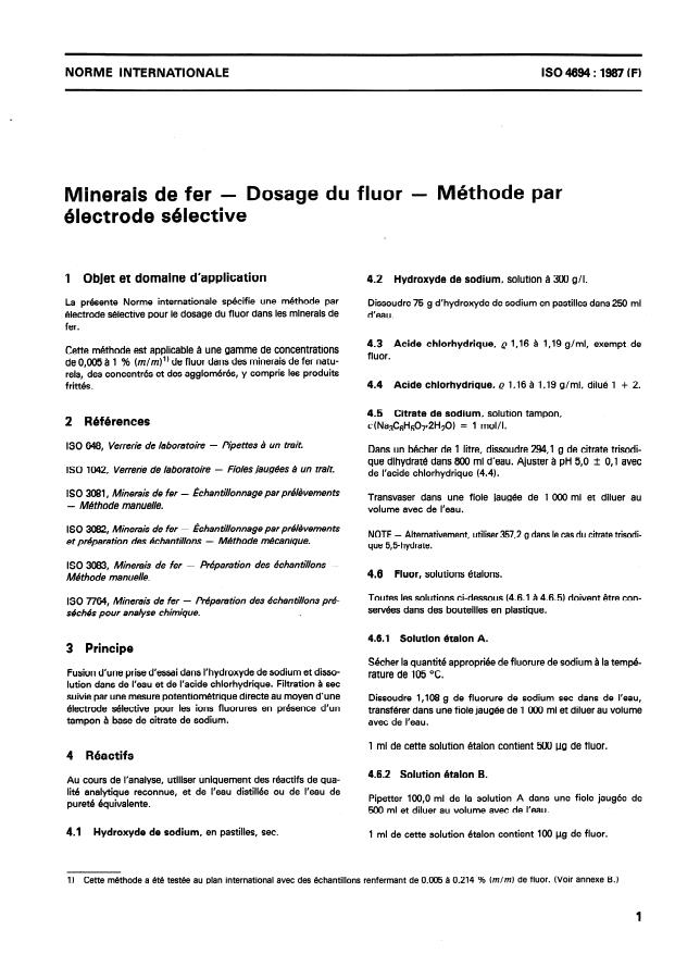 ISO 4694:1987 - Minerais de fer -- Dosage du fluor -- Méthode par électrode sélective