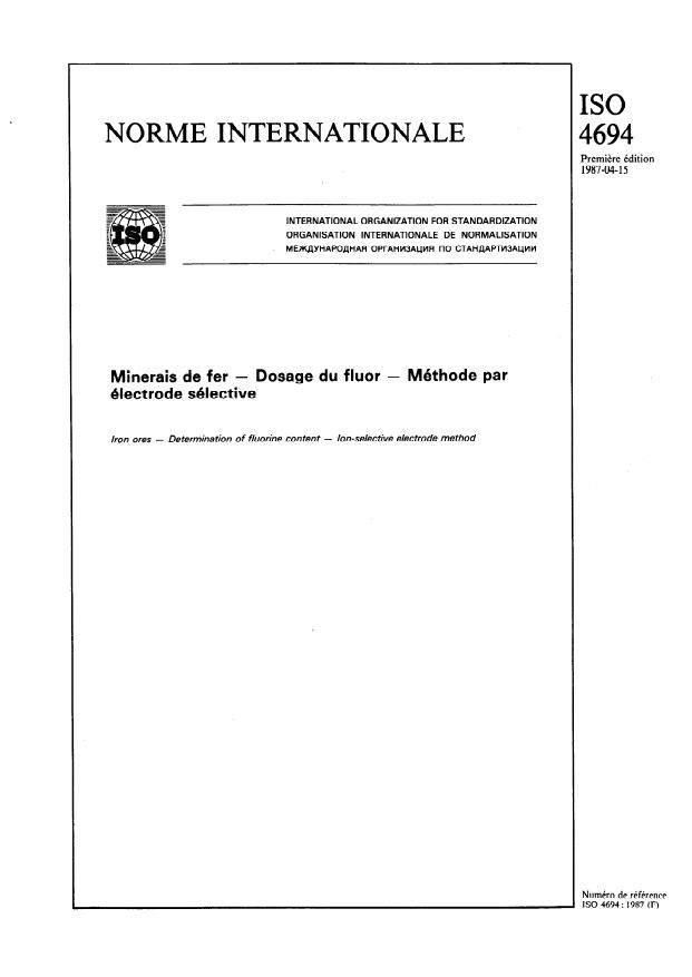 ISO 4694:1987 - Minerais de fer -- Dosage du fluor -- Méthode par électrode sélective