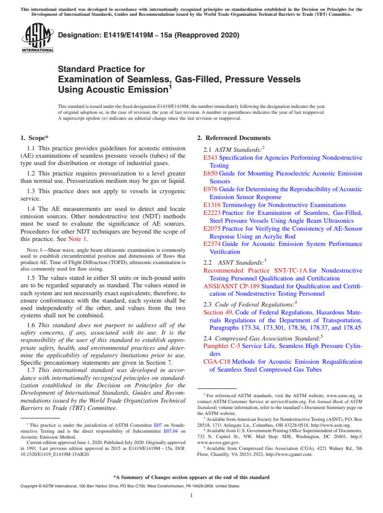 ASTM E1419/E1419M-15a(2020) - Standard Practice for  Examination of Seamless, Gas-Filled, Pressure Vessels Using Acoustic Emission