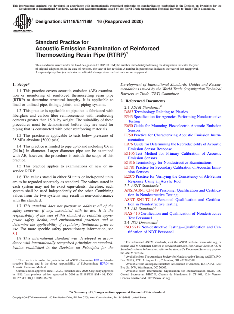 ASTM E1118/E1118M-16(2020) - Standard Practice for  Acoustic Emission Examination of Reinforced Thermosetting Resin  Pipe (RTRP)