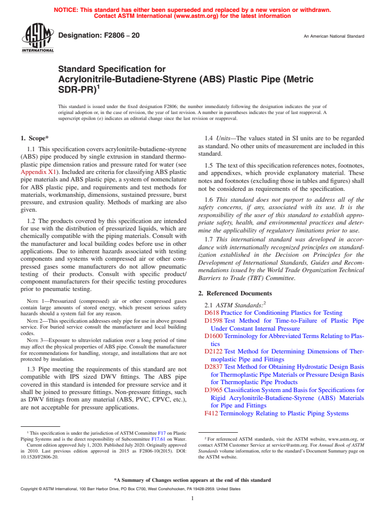 ASTM F2806-20 - Standard Specification for Acrylonitrile-Butadiene-Styrene (ABS) Plastic Pipe (Metric  SDR-PR)