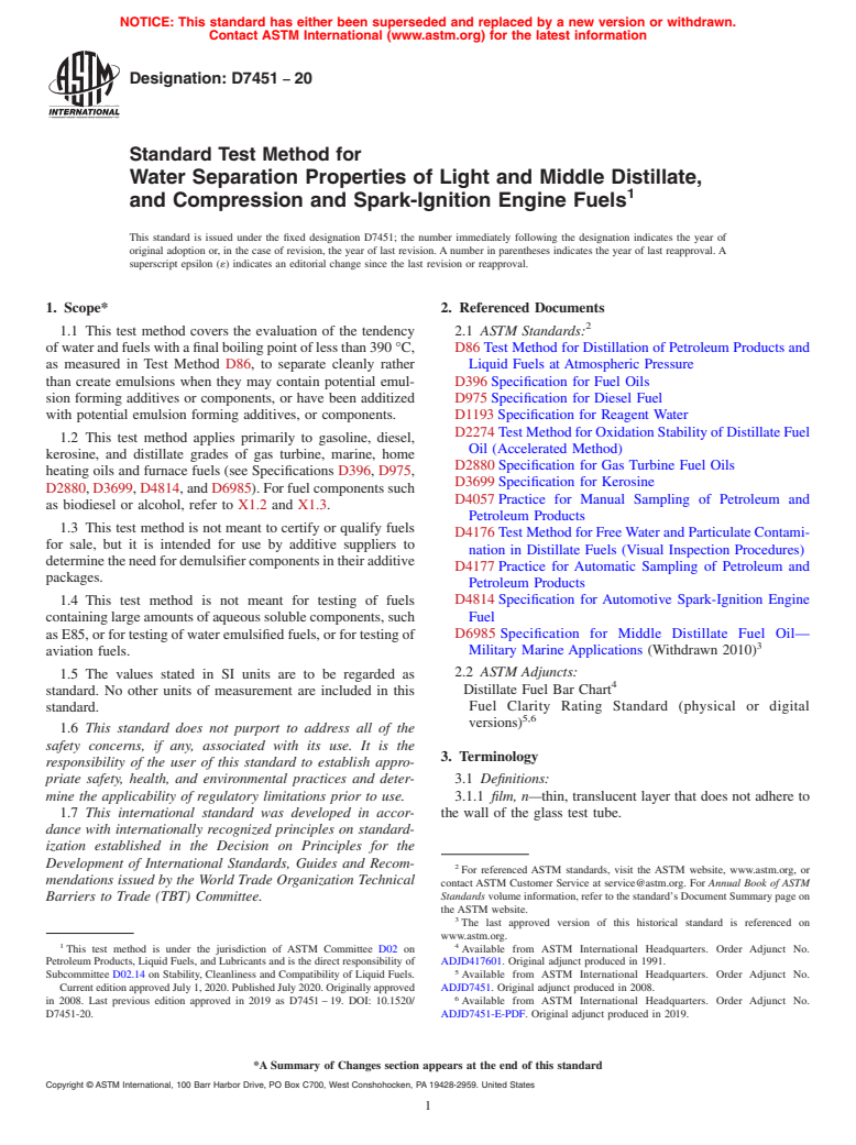 ASTM D7451-20 - Standard Test Method for  Water Separation Properties of Light and Middle Distillate,  and Compression and Spark-Ignition Engine Fuels