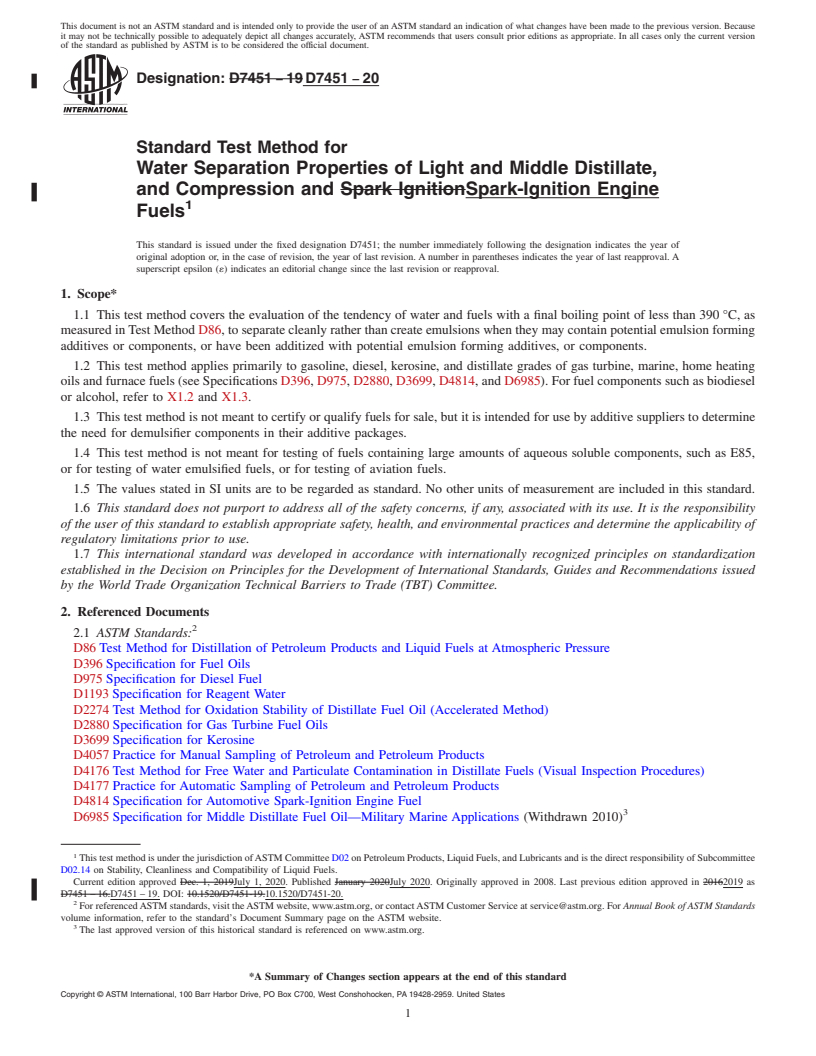 REDLINE ASTM D7451-20 - Standard Test Method for  Water Separation Properties of Light and Middle Distillate,  and Compression and Spark-Ignition Engine Fuels