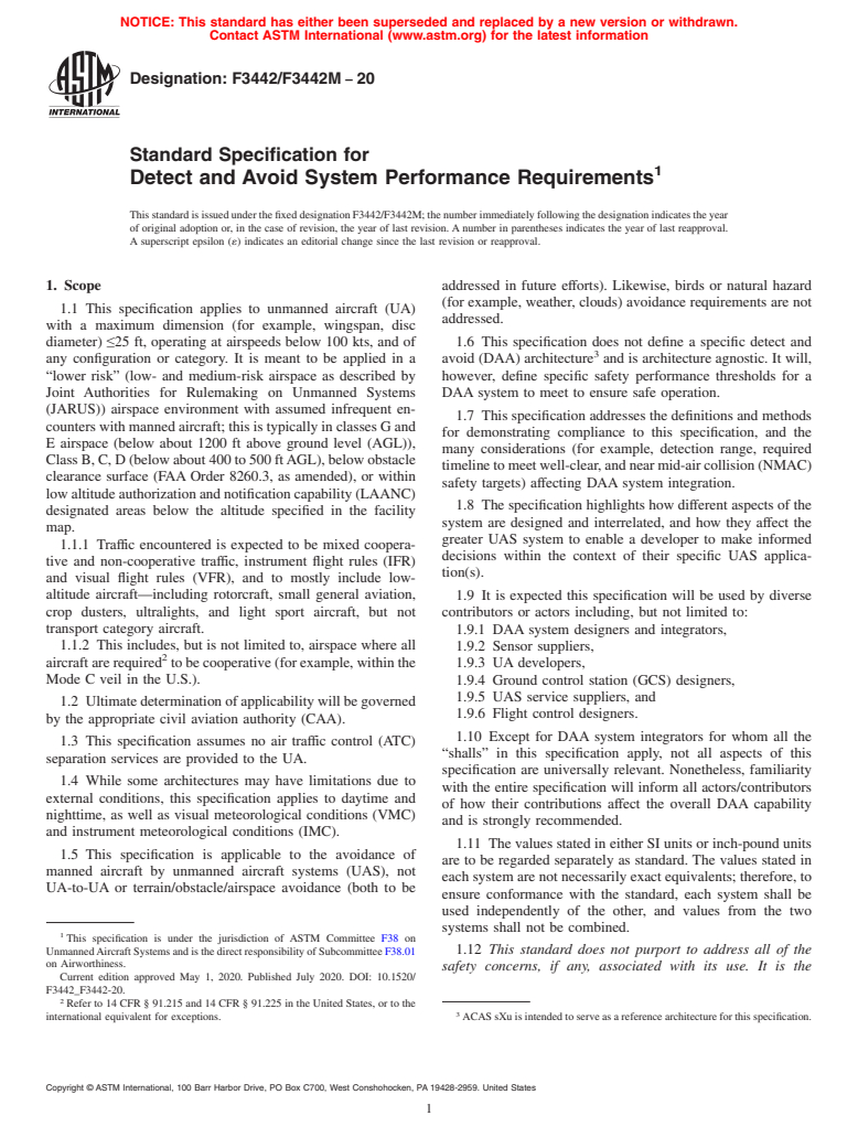 ASTM F3442/F3442M-20 - Standard Specification for Detect and Avoid System Performance Requirements