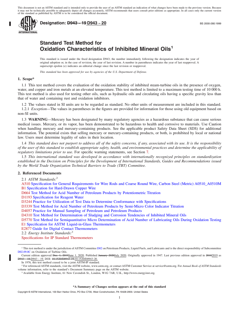 REDLINE ASTM D943-20 - Standard Test Method for  Oxidation Characteristics of Inhibited Mineral Oils