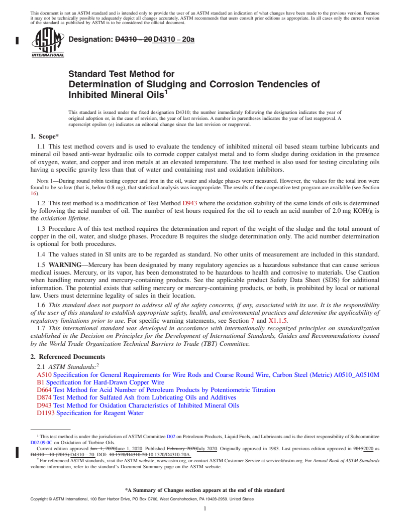 REDLINE ASTM D4310-20a - Standard Test Method for  Determination of Sludging and Corrosion Tendencies of Inhibited   Mineral Oils