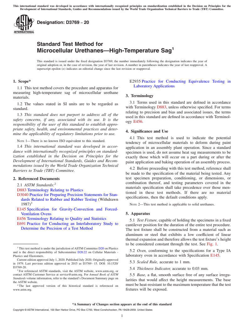 ASTM D3769-20 - Standard Test Method for Microcellular Urethanes—High-Temperature Sag