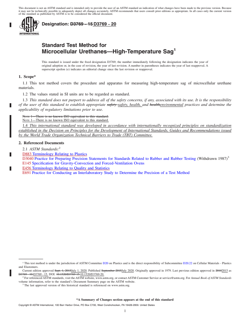 REDLINE ASTM D3769-20 - Standard Test Method for Microcellular Urethanes—High-Temperature Sag