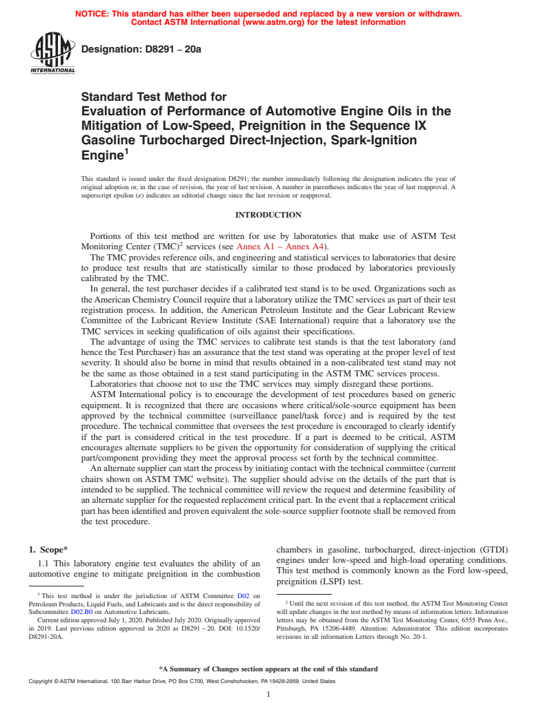 ASTM D8291-20a - Standard Test Method for Evaluation of Performance of Automotive Engine Oils in the  Mitigation of Low-Speed, Preignition in the Sequence IX Gasoline Turbocharged  Direct-Injection, Spark-Ignition Engine