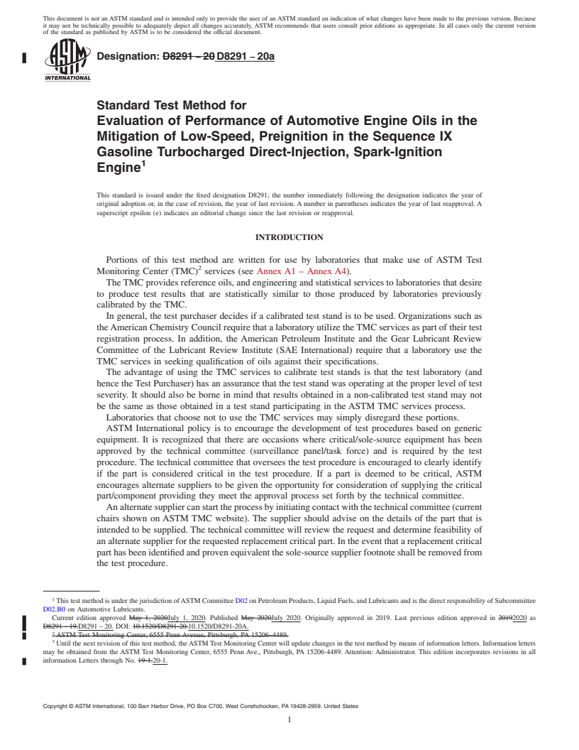 REDLINE ASTM D8291-20a - Standard Test Method for Evaluation of Performance of Automotive Engine Oils in the  Mitigation of Low-Speed, Preignition in the Sequence IX Gasoline Turbocharged  Direct-Injection, Spark-Ignition Engine