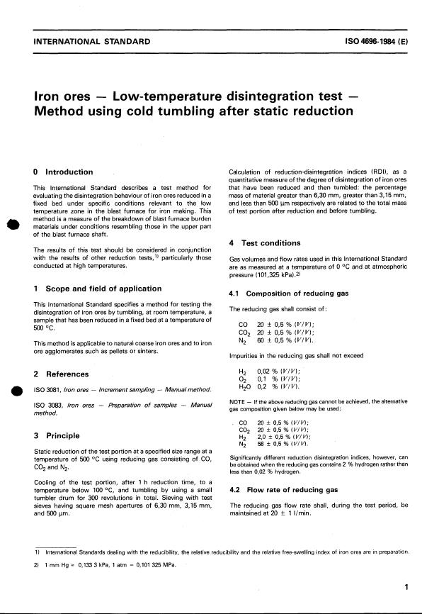 ISO 4696:1984 - Iron ores -- Low-temperature disintegration test -- Method using cold tumbling after static reduction
