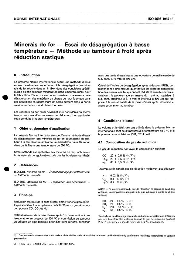 ISO 4696:1984 - Minerais de fer -- Essai de désagrégation a basse température -- Méthode au tambour a froid apres réduction statique