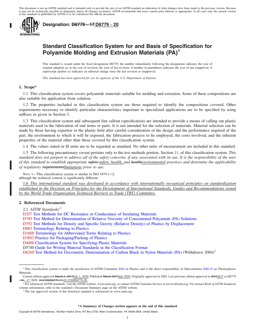 REDLINE ASTM D6779-20 - Standard Classification System for and Basis of Specification for Polyamide Molding and Extrusion Materials (PA)