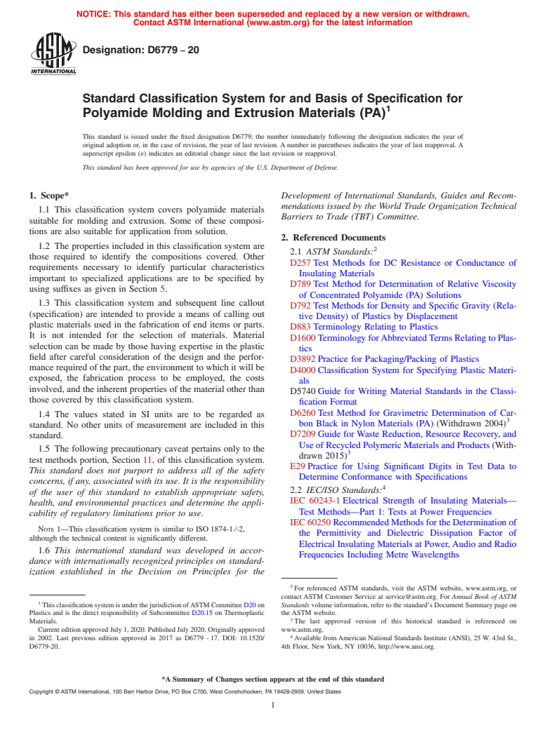 ASTM D6779-20 - Standard Classification System for and Basis of Specification for Polyamide Molding and Extrusion Materials (PA)