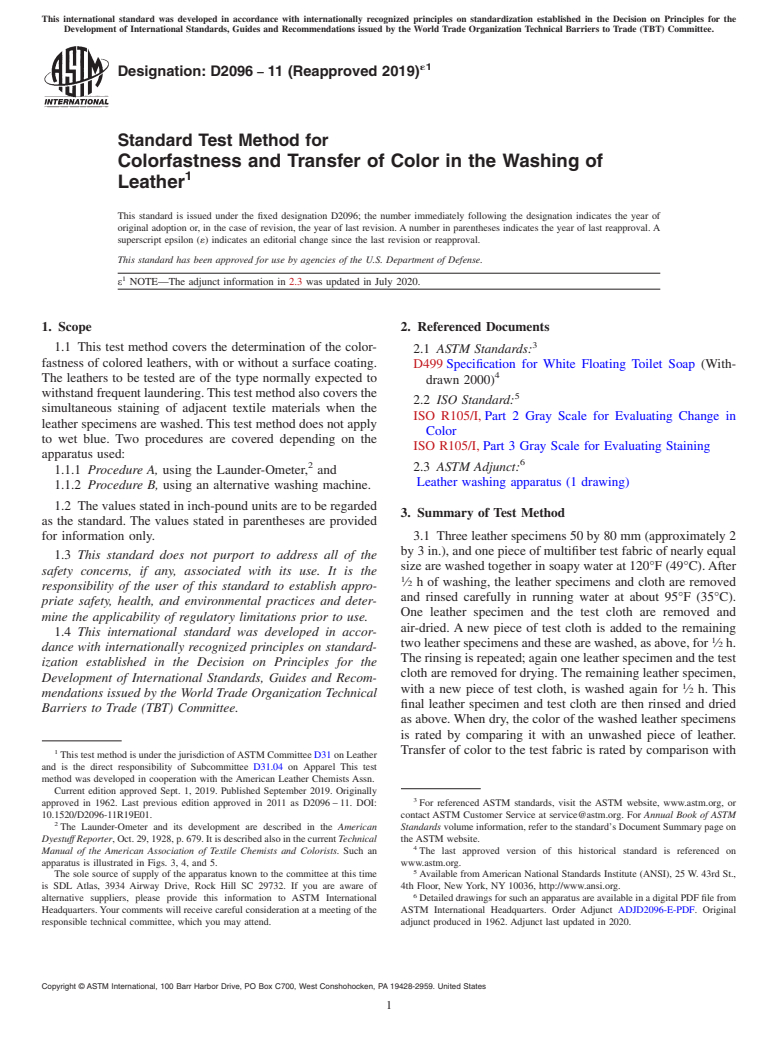 ASTM D2096-11(2019)e1 - Standard Test Method for  Colorfastness and Transfer of Color in the Washing of Leather