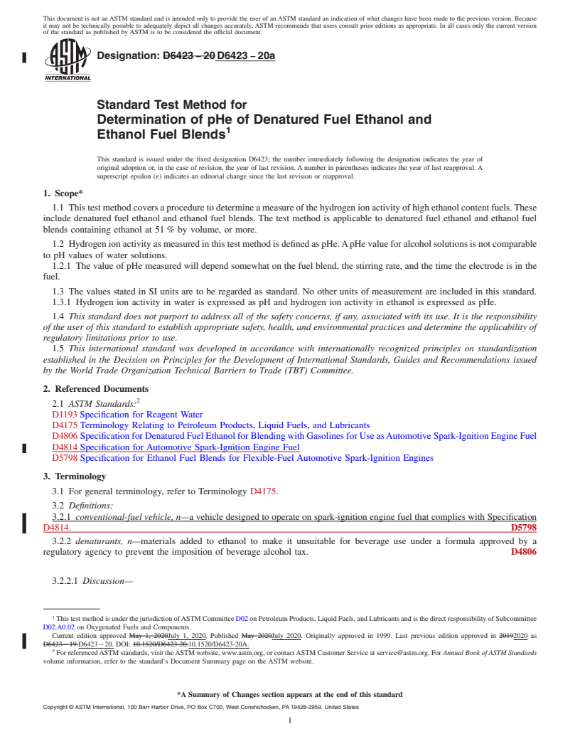 REDLINE ASTM D6423-20a - Standard Test Method for  Determination of pHe of Denatured Fuel Ethanol and Ethanol  Fuel Blends