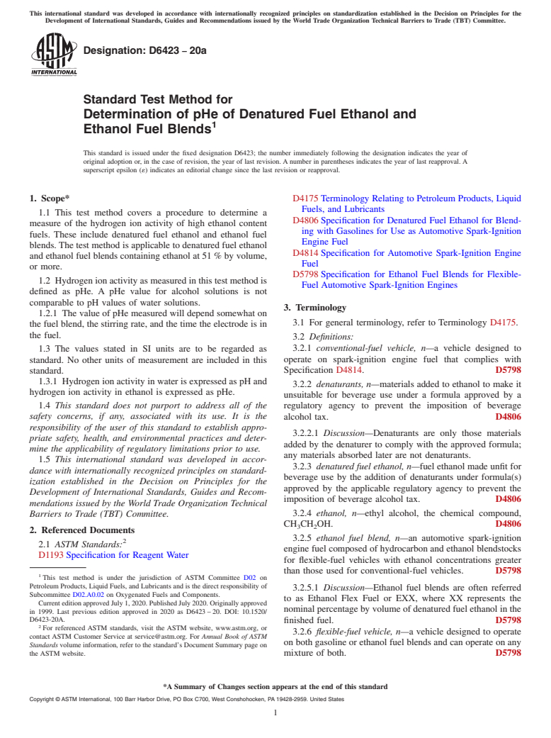 ASTM D6423-20a - Standard Test Method for  Determination of pHe of Denatured Fuel Ethanol and Ethanol  Fuel Blends