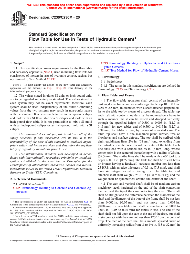 ASTM C230/C230M-20 - Standard Specification for  Flow Table for Use in Tests of Hydraulic Cement