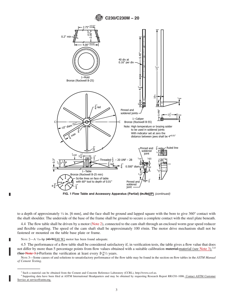 REDLINE ASTM C230/C230M-20 - Standard Specification for  Flow Table for Use in Tests of Hydraulic Cement