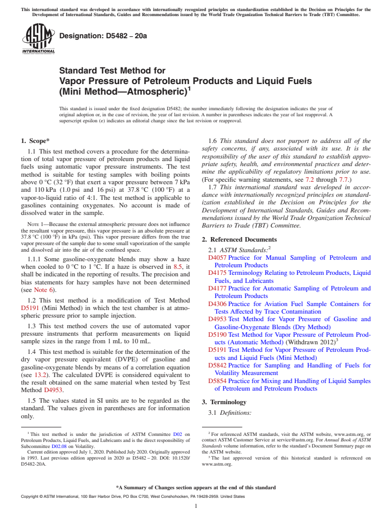 ASTM D5482-20a - Standard Test Method for  Vapor Pressure of Petroleum Products and Liquid Fuels (Mini  Method—Atmospheric)