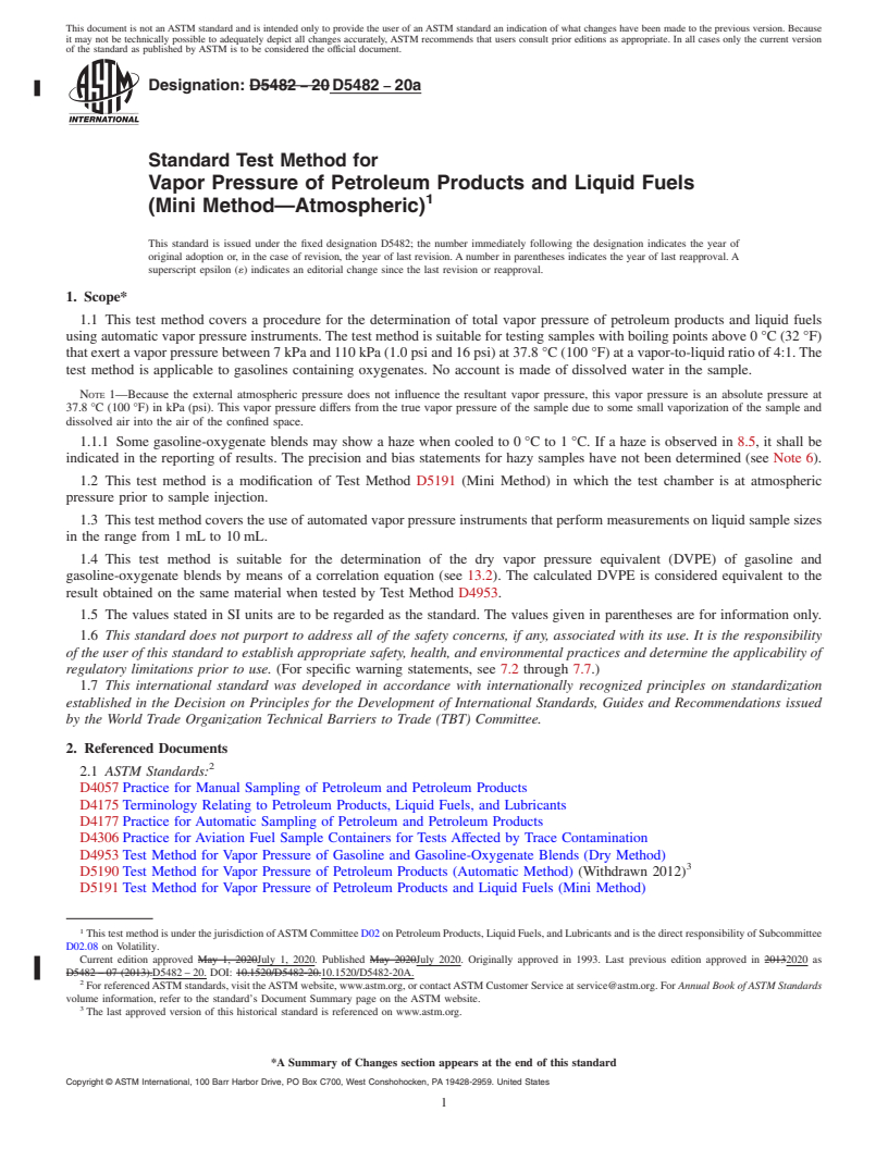 REDLINE ASTM D5482-20a - Standard Test Method for  Vapor Pressure of Petroleum Products and Liquid Fuels (Mini  Method—Atmospheric)