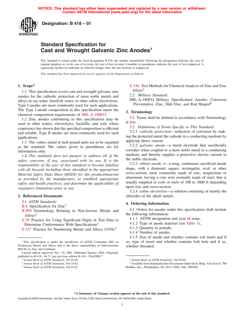 ASTM B418-01 - Standard Specification for Cast and Wrought Galvanic Zinc Anodes