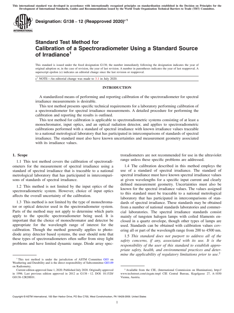 ASTM G138-12(2020)e1 - Standard Test Method for  Calibration of a Spectroradiometer Using a Standard Source  of Irradiance