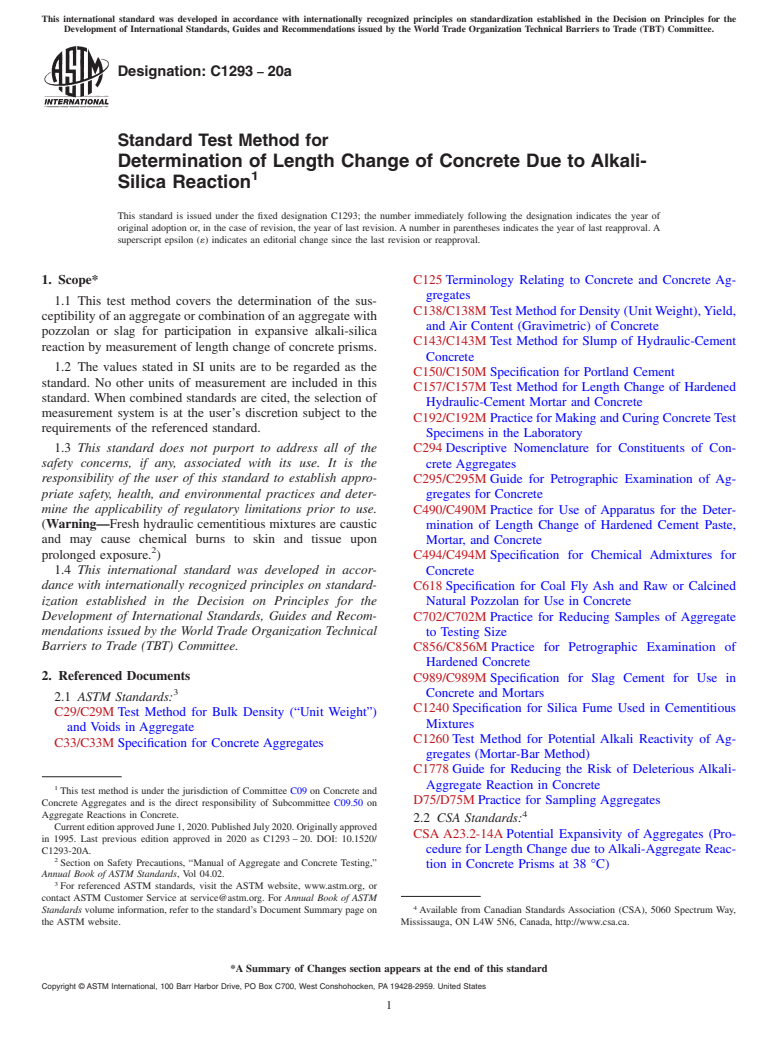 ASTM C1293-20a - Standard Test Method for  Determination of Length Change of Concrete Due to Alkali-Silica  Reaction