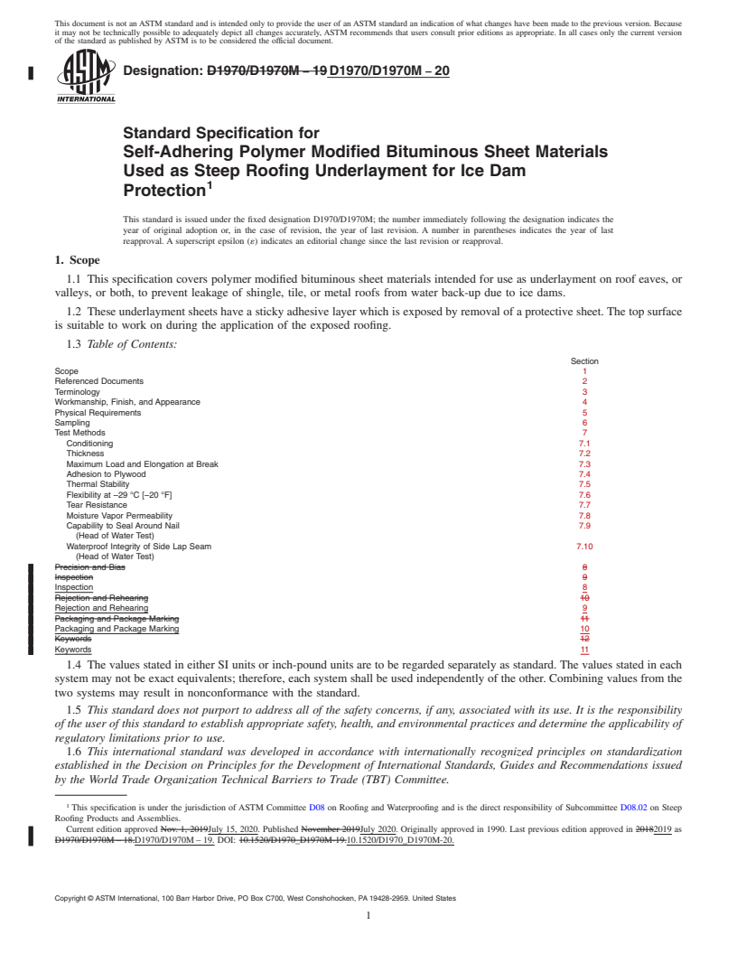 REDLINE ASTM D1970/D1970M-20 - Standard Specification for  Self-Adhering Polymer Modified Bituminous Sheet Materials Used   as Steep Roofing Underlayment for Ice Dam Protection