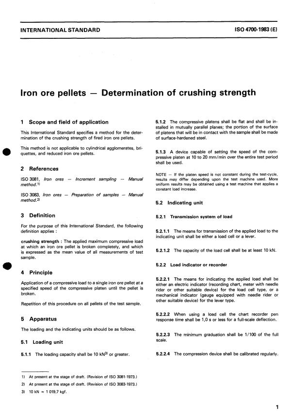ISO 4700:1983 - Iron ore pellets -- Determination of crushing strength
