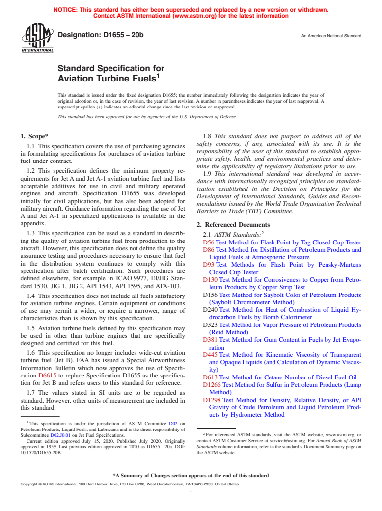 ASTM D1655-20b - Standard Specification for Aviation Turbine Fuels