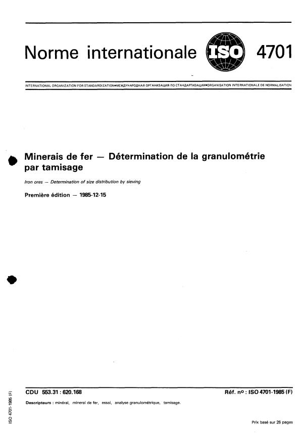 ISO 4701:1985 - Minerais de fer -- Détermination de la granulométrie par tamisage