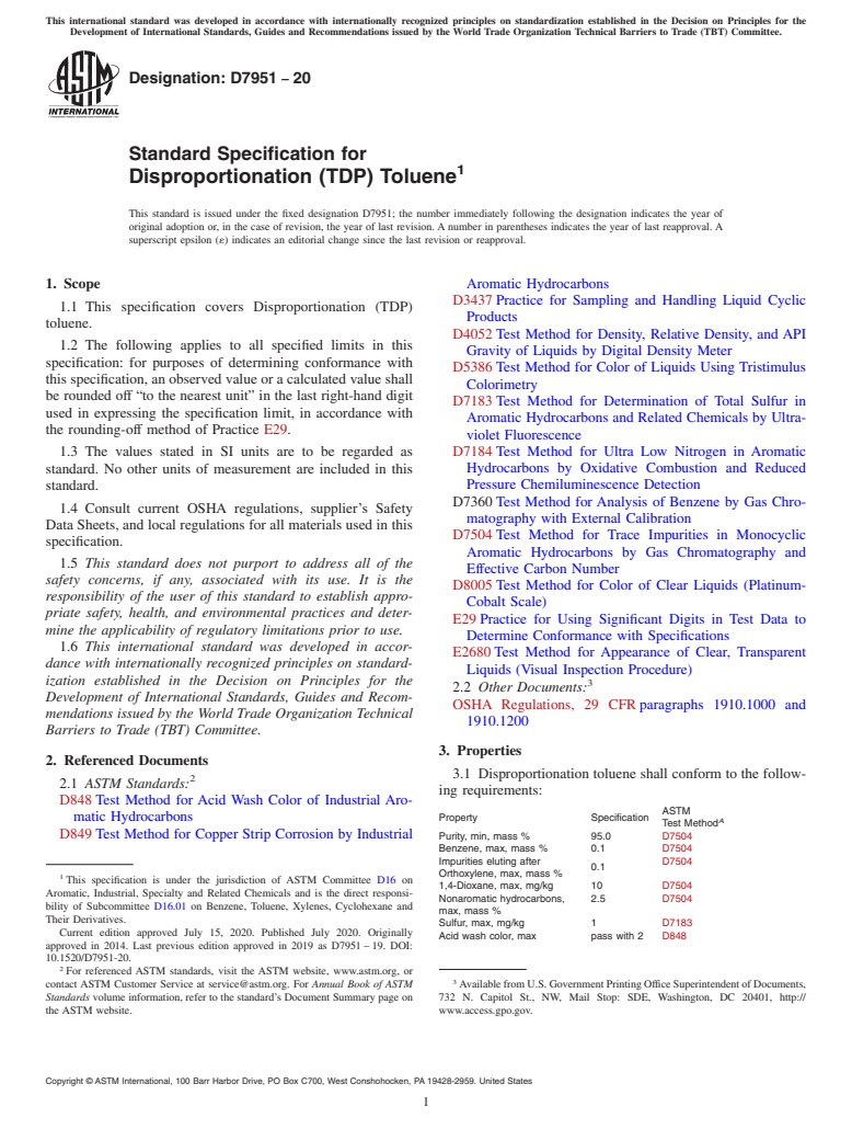 ASTM D7951-20 - Standard Specification for Disproportionation (TDP) Toluene