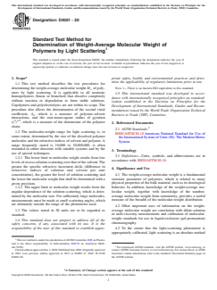 ASTM D4001-20 ASTM D4001-20 - Standard Test Method for Determination of Weight-Average Molecular Weight of Polymers by Light Scattering - Page 1 preview