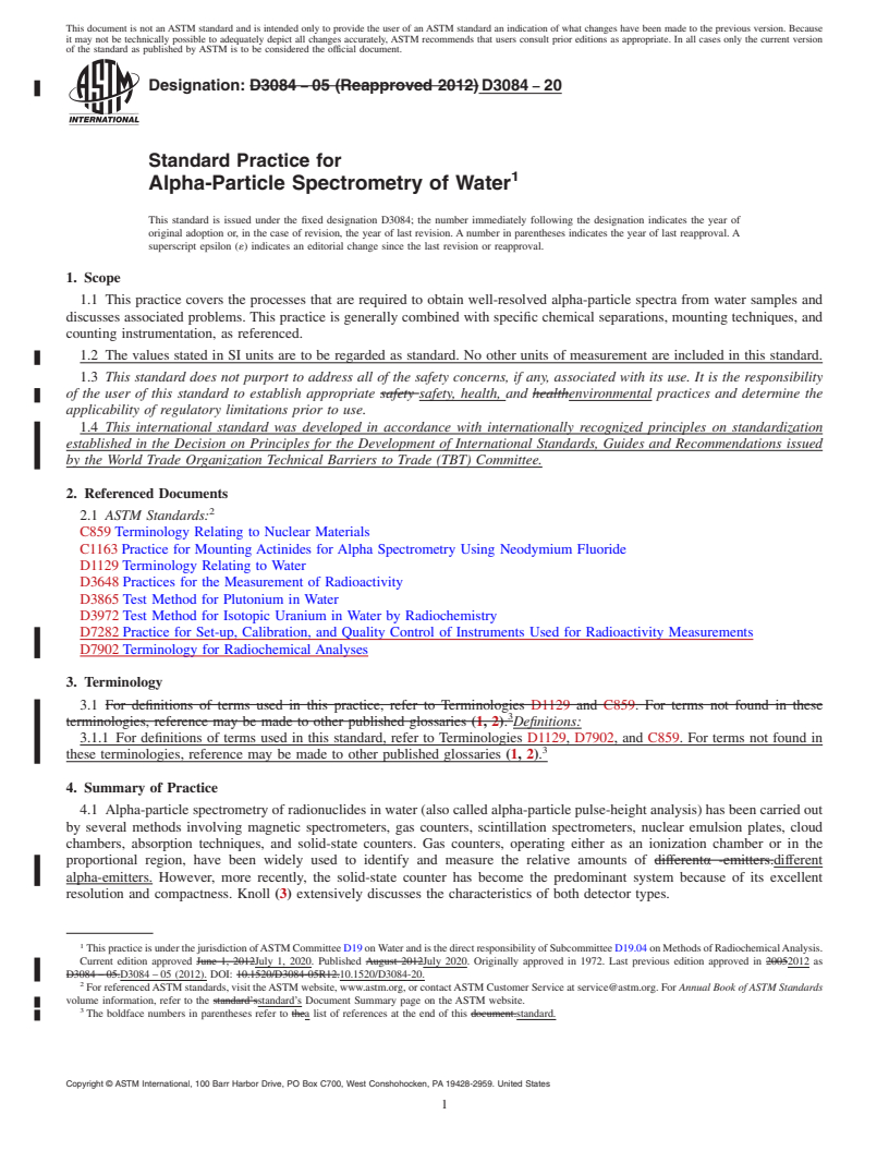 REDLINE ASTM D3084-20 - Standard Practice for  Alpha-Particle Spectrometry of Water